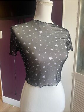 Star Mesh Crop Top — Black